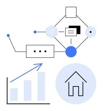 Şekiller, çizgiler ve konnektörler ile soyut akış şeması, yükselen çubuk grafiği ve ev sembolü. Veri akışı, süreç, karar verici büyüme teknolojisi için ideal emlak imajları. Düz