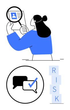 Büyüteç altında profil kartı okuyan bir kadın, geri bildirim için konuşma baloncukları, risk analizi metin blokları. İşe alım, değerlendirme, analiz, denetleme, danışmanlık, HR soyut çizgisi için ideal