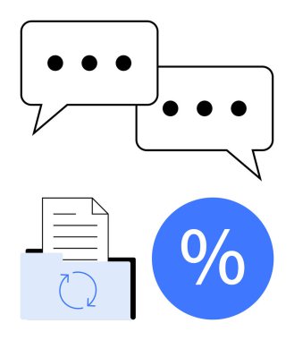 Diyalog için konuşma baloncukları, senkronizasyon okları, mavi çemberdeki yüzde sembolleri. İletişim, dosya yönetimi, istatistik, veri senkronizasyonu, iş, analiz için ideal