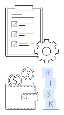 İşaretli görevleri, teçhizatı, bozuk paraları olan cüzdanı ve RISK blokları olan kontrol listesi. Mali planlama, risk analizi, yönetim stratejileri, kişisel finans, bütçe planlaması için ideal