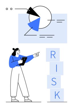 Tablet tutan kadın, dairesel veri tablosuna bakıyor. Yığılmış harf blokları RISK formu. Veri analizi, karar verme, iş stratejisi, risk yönetimi, eğitim, istatistik soyut