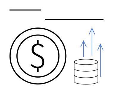 Madeni para yığını ve yukarı doğru okların bulunduğu bir çemberdeki dolar işareti finansal büyümeyi, kar artışını ve gelir eğilimlerini temsil ediyor. Finans, iş, yatırım, analitik, başarı planlaması için ideal