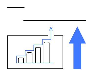 Artan seviyeli çubuk grafiği ve yukarı doğru ok büyümeyi ve gelişmeyi simgeliyor. İş, finans, analitik, başarı, ilerleme, strateji ve liderlik için ideal. Düz basit metafor