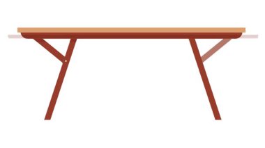 Minimalist, tahta bir masa. Açılı bacakları ve dikdörtgen bir üstü var. Tasarım temiz ve modern, çeşitli iç dekorasyon tarzları için uygun..