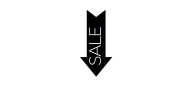 SALE sözcüğünün beyaz olduğu, indirimleri, özel teklifleri ve perakende promosyonları temsil eden siyah aşağı bakan ok. Tasarım temiz ve dolaysız. Ucuzluk mesajını vurguluyor..