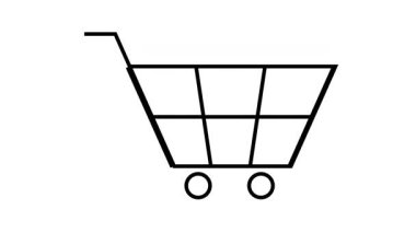 Siyah beyaz alışveriş arabası simgesi, çevrimiçi alışveriş, e-ticaret ve perakende faaliyetlerini temsil ediyor. Tasarım basit ve modern, dijital işlemler kavramına odaklı..