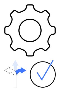 Siyah dişli sembolü, bölünmüş yön oku ve mavi işaret. İş akışı, karar verme, ilerleme, başarı, sistem planlaması için ideal. Asgari düz metafor
