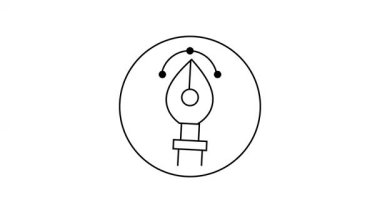 Çember içindeki minimalist kalem aracı simgesi, grafik tasarımı, dijital sanat, video, 4k, mp4 illüstrasyon ve yaratıcılığı temsil eder. Temiz çizgiler kesinliği ve tasarımın önemini vurgular.