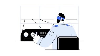 Kokpit ayarında uçuş simülatörü kullanan VR kulaklıklı bir pilotun ifadesi. Havacılık, sanal gerçeklik ve simülasyon teknolojisinde gelişmiş eğitimi temsil eder..