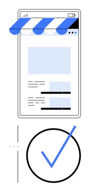 Mobil depo önü şablonu güneşlik, içerik düzeni ve mavi onay işaretli. E-ticaret, dijital onay, tasarım, iş, kalite, pazarlama stratejisi için ideal düz metafor