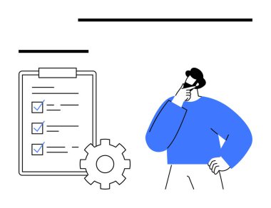 Kontrol listesine yakın düşünen ve planlama, karar verme ve stratejiyi sembolize eden kişi. Üretkenlik, görev yönetimi, iş akışı, işletme, organizasyon, verimlilik dairesi için ideal basit