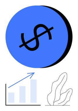 Çubuğun üzerinde ok ile yükselen mavi dolar sembolü. Taslak dekorasyon yumuşaklık katar. Finans, ekonomi, büyüme, bütçe, tasarruf ve karlılık için ideal