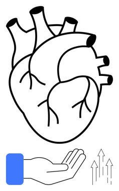 Anatomik kalp açık el üzerinde dinlenirken, yanında büyüme, bakım, sağlık, canlılık, takım çalışması, destek ve ilerlemeyi temsil eden yukarı doğru oklar var. Düz basit metafor için ideal