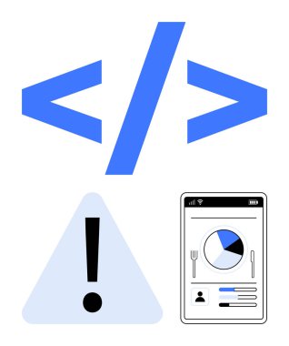Mavi kodlama parantezleri, ünlem işaretli üçgen alarm ve veri pasta grafiği ve profilini gösteren akıllı telefon ekranı. Programlama, veri analizi, hata izleme ve yazılım için ideal