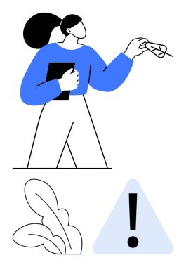 Elinde yaprak tutan bir kadın ünlem sembolü ile karşı karşıya. Sürdürülebilirlik, eko-farkındalık, koruma, çevre sorumluluğu, karar verme, iklim hareketi, düz basit