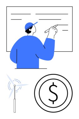 Gemide planlama yapan kişi, yenilenebilir enerji için rüzgar türbini, ekonomik büyüme için dolar sikke. Enerji, finans, yenilik, planlama, sürdürülebilirlik stratejisi temiz enerji için idealdir. Düz basit