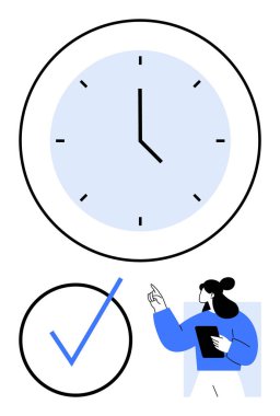 Büyük bir saat, mavi keneli bir kontrol listesi ve zaman yönetimi için pano sinyali tutan biri. Üretkenlik, görev planlama, zaman izleme, teslim tarihleri, verimlilik, organizasyon kararlılığı için ideal