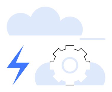 Dişliler otomasyonu, şimşekler enerjiyi, bulutlar depolamayı veya hizmetleri sembolize eder. Teknoloji, yenilik, bilgisayar, enerji verimliliği, bulut altyapısı, otomasyon dijital için ideal
