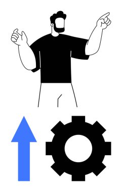 Kendine güvenen bir adam yukarı doğru mavi ok ve aşağı doğru siyah dişli ikonu ile hareket ediyor. Üretkenlik, ilerleme, strateji, liderlik, yenilik, motivasyon ve verimlilik için ideal. Düz basit metafor
