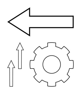 Sol tarafa doğru büyük bir ok, dişli sembolü ve yukarı doğru iki ok. Yönlendirme, süreç, ilerleme, strateji, iş akışı büyümesi veya takım çalışması için ideal. Asgari düz metafor