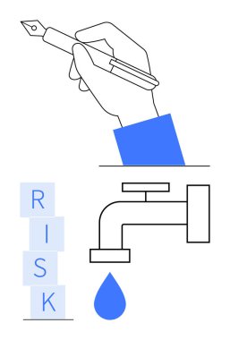 Kalemle el yazısı, istiflenmiş RISK blokları, damlayan musluk suyu. Problem çözme, risk yönetimi, yaratıcılık, değerlendirme, strateji, karar verme soyut metaforu için ideal