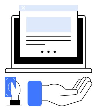 Sergilenen bir web sayfası, el ele tutuşan bir para ve başka bir el ödemesi olan dizüstü bilgisayar ekranı. E-ticaret, bankacılık, finans hizmetleri, çevrimiçi ödemeler, dijital işlemler, müşteri