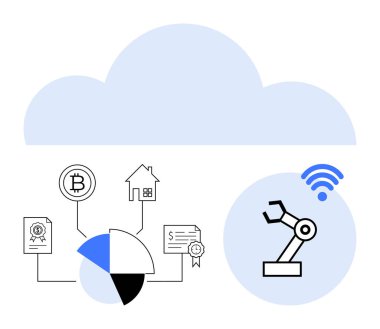 Bulut otomasyon, engelleme zinciri, konut, turta şeması, robot kol, kablosuz sinyal bağlar. Teknoloji için ideal, yenilik IoT engelleme veri görselleştirme bulut hesaplama otomasyonu. Düz