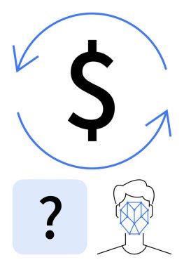Oklarla çevrili dolar işareti para akışını işaret eder, soru işareti ve geometrik yüz çizimiyle eşleştirilir. Finans, teknoloji, kimlik, güvenlik, karar verme, yenilik, müşteri
