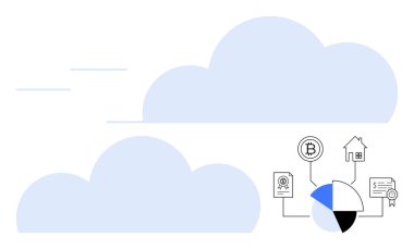 Turta grafiğine bağlı iki mavi bulut, kripto para, gayrimenkul, sertifikalar. Finans, bulut hesaplama, engelleme zinciri, veri analizi, varlık yönetimi dijital dönüşüm dairesi için ideal