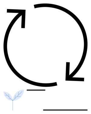 Altında minimalist mavi bir yaprak olan bir döngü ya da döngüyü gösteren siyah dairesel oklar. Sürdürülebilirlik, büyüme, farkındalık, süreç, eko-bilinç, denge ve değişim için ideal. Düz basit