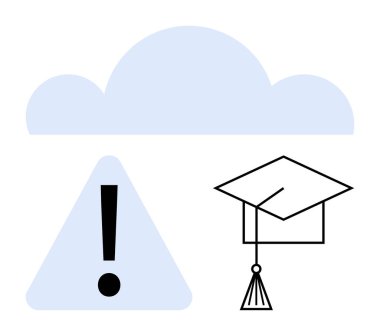 Uyarı üçgeninin üstündeki bulut ünlem ve mezuniyet şapkası veri sorunlarını, e-öğrenmeyi, akademik riskleri sembolize eder. Eğitim için ideal, veri yedekleme, siber güvenlik, çevrimiçi öğrenme, akademik