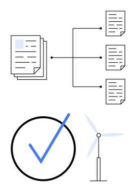 Üç alt belgeye bağlanan yığınla belge daire şeklinde büyük işaretler, rüzgar türbini. Proje iş akışı, doğrulama, karar verme, organizasyon, onay, sürdürülebilirlik enerjisi için ideal