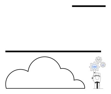 Robotik el, CRM vites simgesini bulut grafiğiyle seçiyor, otomasyonu, teknolojiyi ve yeniliği sembolize ediyor. AI, bulut hesaplama, CRM sistemleri, robotik, iş yönetimi verileri için ideal