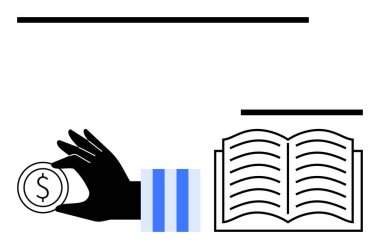 Kara El, bilgi ve finansal kaynakları temsil eden satırları açık bir kitabın yanında tutuyor. Eğitim, mali okur yazarlık, yatırım, bütçe, bilgi paylaşımı, okuma, ekonomik