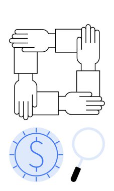 Birbirine bağlı kollar takım çalışmasını sembolize eder. Dolar işareti ve büyüteç olan bir sikke finans, şeffaflık ve araştırmayı temsil ediyor. Takım çalışması ve finansal analiz için ideal.