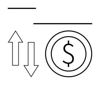 Yukarı ve aşağı oklar yanında bir dolar işareti mali akışı, geliri, giderleri ve işlem faaliyetlerini gösteriyor. Finans, bankacılık, ticaret, yatırım ekonomisi transfer bütçesi için idealdir. Düz