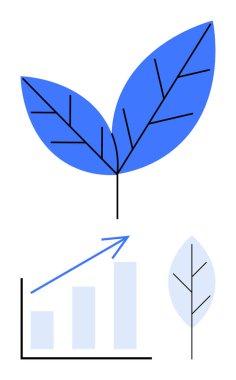 Mavi yapraklar doğayı ve yükselen çubuk grafiğinin üzerindeki büyümeyi temsil ediyor. Sürdürülebilirlik, ilerleme, eko-ticaret, yenilenebilir enerji, çevre bilinci, büyüme stratejisi, düz basit metafor için ideal