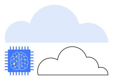 Bulut hatları ve şekillerinin yanında devre dizaynlı sinirsel ağ işlemcisi. Teknoloji, yapay zeka, bulut hesaplama, veri depolama, yenilik, ağ, bilgisayar için ideal. Düz basit metafor