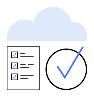 Görev listesinin üstündeki bulut ve veri depolama, görev yönetimi ve onaylanmayı sembolize eden büyük işaret. Üretkenlik, organizasyon, takım çalışması, bulut hizmetleri, yazılım, uyum düzeyi için ideal