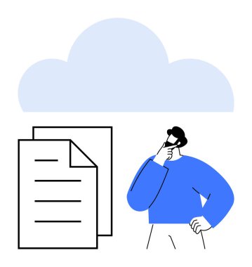 Bulutların altında dijital depolamayı ve veri yönetimini sembolize eden belgeleri düşünen bir adamın minimalist grafiği. Yenilik, teknoloji, bulut hesaplama, organizasyon, karar verme için ideal