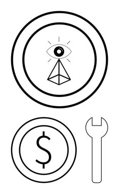 Üçgende göz, çemberin içinde çizgiler, dolar işaretli yuvarlak para, dikey ingiliz anahtarı şekli. Finans, vizyon, onarım, araçlar, strateji, mekanik için ideal minimal tasarım basit
