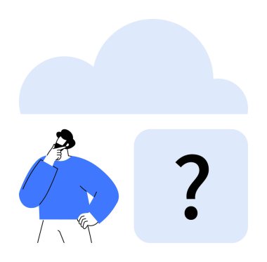 Bulutların altında bir soru işareti sembolü taşıyan, belirsizlik ve beyin fırtınası yapan bir karakter. Teknoloji, bulut hesaplama, veri, karar verme, çevrimiçi depolama, yenilik, gelecek için ideal
