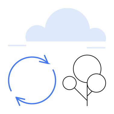 Yuvarlak oklar üzerinde bulut ve sürdürülebilirliği, geri dönüşümü ve doğayı temsil eden soyut ağaç ana hatları. Koruma için ideal, çevre dostu tasarımlar, küresel bakım, yenilenebilir enerji, çevre