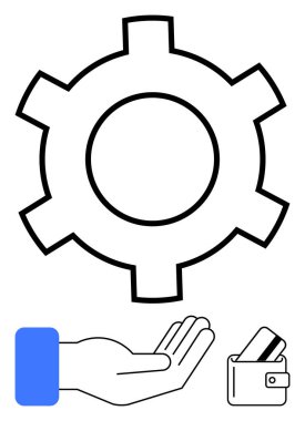 Bir dişlinin altına uzanan, bir cüzdan ve kartla eşleştirilmiş çözümler veya hizmetler sunan, işbirliğini, finans, işlemleri ve hizmet değiş tokuşunu ön plana çıkaran bir el. Takım çalışması ve destek için ideal