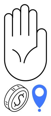 Bir dolarlık bozuk para ve mavi lokasyon broşlu açık el hareketi. Bağış, ödeme, hayır kurumu, bahşiş, tasarruf, mobil bankacılık, navigasyon veya soyut düz metafor gibi konular için ideal