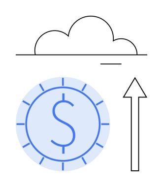 Düz bir çizgi ve altında bir dolar işareti olan bozuk para bulutu, yukarı doğru büyümeyi ya da transferi gösteren bir ok. Finans, bulut hesaplama, yenilik, tasarruf, yatırım ve teknoloji için ideal