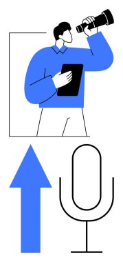 Fırsatları keşfetmek için tablet tutan ve dürbünle bakan adam, büyümeyi ve mikrofon unsurunu sembolize eden yukarı doğru ok ile eşleştirildi. Başarı için ideal