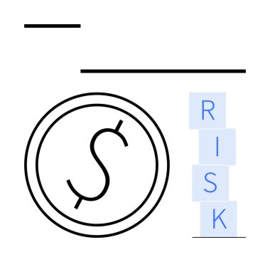 Dolar işaretli sikke ve istiflenmiş RISK blokları mali dengeyi, yatırımı veya iş zorluklarını sembolize eder. Finans, ekonomi, yatırım stratejisi, risk yönetimi ve bankacılık için ideal
