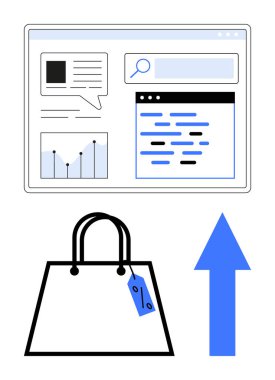 Bilgisayar ekranında analitik ve alışveriş çantasının üstünde fiyat etiketi ve yukarı doğru ok olan arama sonuçları var. Perakende genişleme, dijital strateji, piyasa araştırması, satış büyümesi, web analizleri için ideal