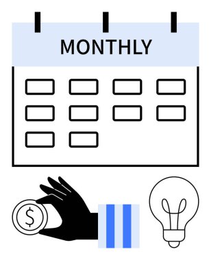 Aylık olarak etiketlenmiş takvim, el ele tutuşma madeni para, ampul planlama, tasarruf ve yaratıcılığı sembolize ediyor. Bütçe, zaman yönetimi, fikir üretimi, yatırım verimliliği zamanlaması için ideal